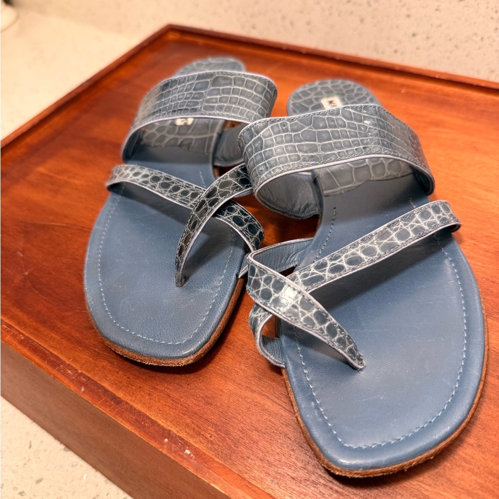 Manolo Blahnik Blue Croc-Embossed Sandals